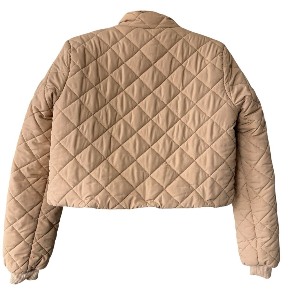 Princess Polly Quilted Puffer Jacket Womens 8 Tan Beige Cropped Zip Mock Neck - Picture 3 of 10